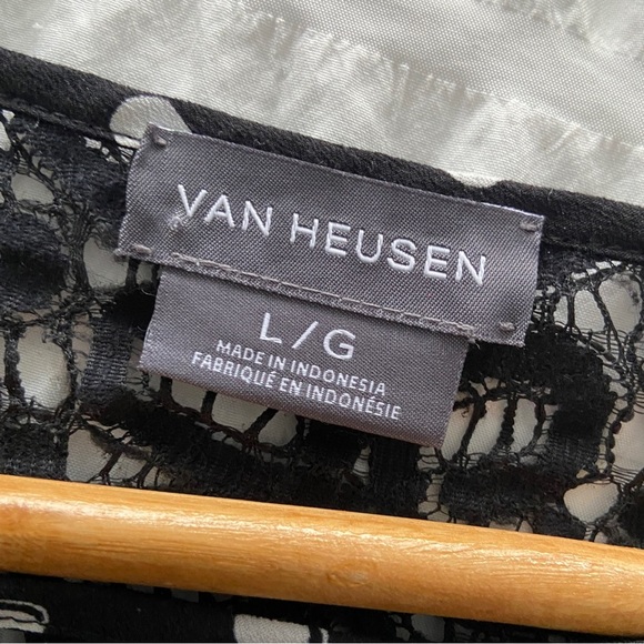 VAN HEUSEN BLACK AND WHITE POLKA DOT BLOUSE WITH PEEKABOO VNECK AND LACE YOKE, L - Picture 3 of 11